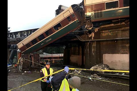 All of the Talgo 6 passenger coaches left the track and some fell into the road. (Photo: Washington State Police/ZUMA Wire/REX/Shutterstock)